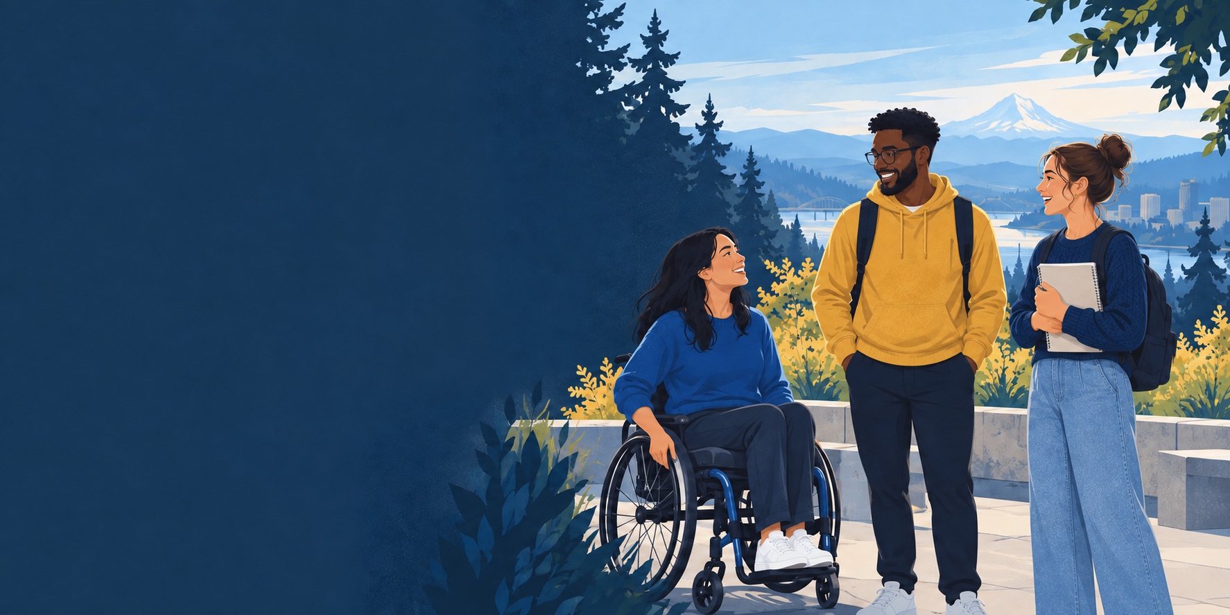Illustration of three students, including a wheelchair user, talking outdoors against a Pacific Northwest landscape.